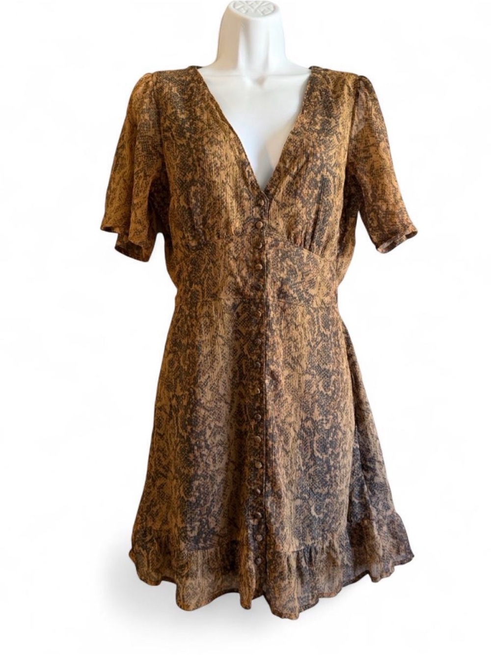 Abercrombie & Fitch Brown Snake-Print V-Neck Button Dress